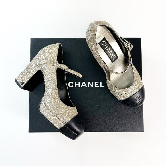 CHANEL 2023 Light Gold Glitter Black Mary Jane Heels 36 Cap Toe CC Logo Platform - Picture 3 of 16
